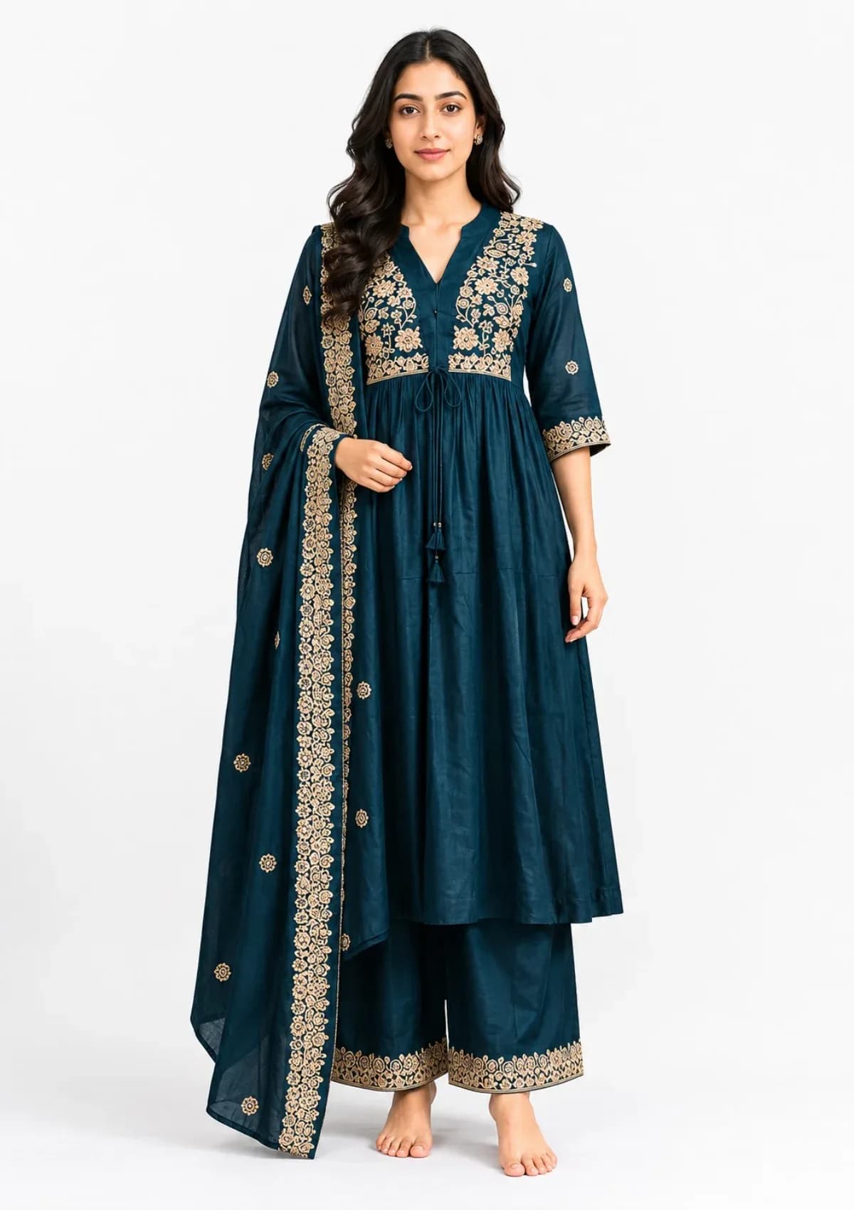 Teal Blue Embroidered Anarkali Kurta Set with Dupatta by Magenta Crown
