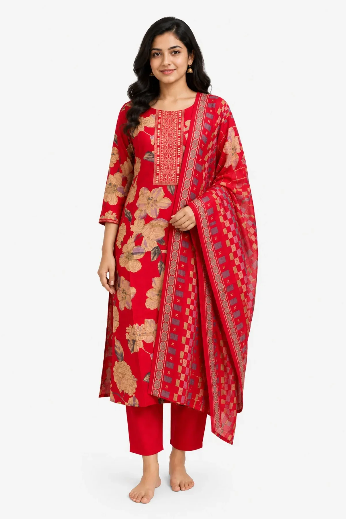 Red Straight Kurta with Embroidered Neck & Dupatta Set by Magenta Crown