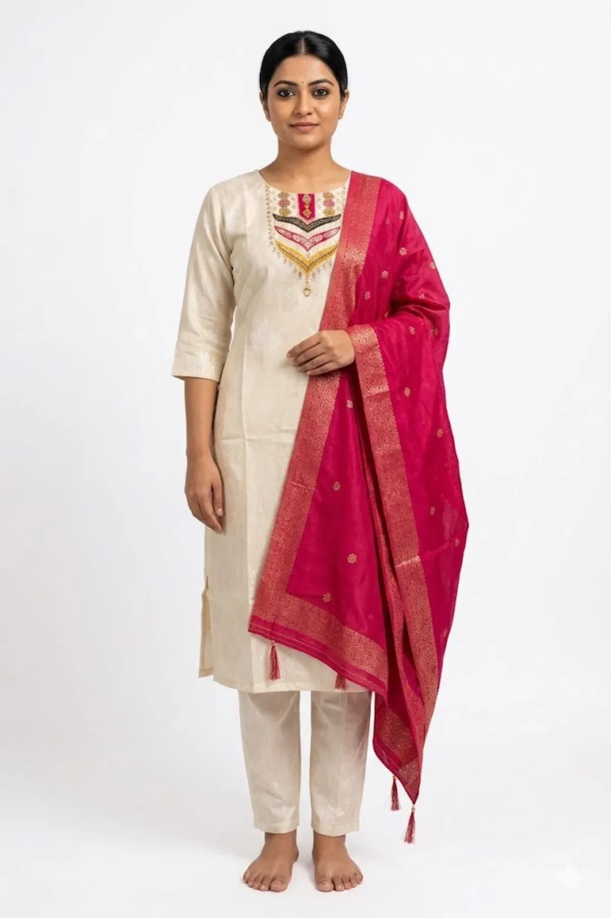 Cream Straight Kurta Pant Set with Pink Embroidered Dupatta by Magenta Crown
