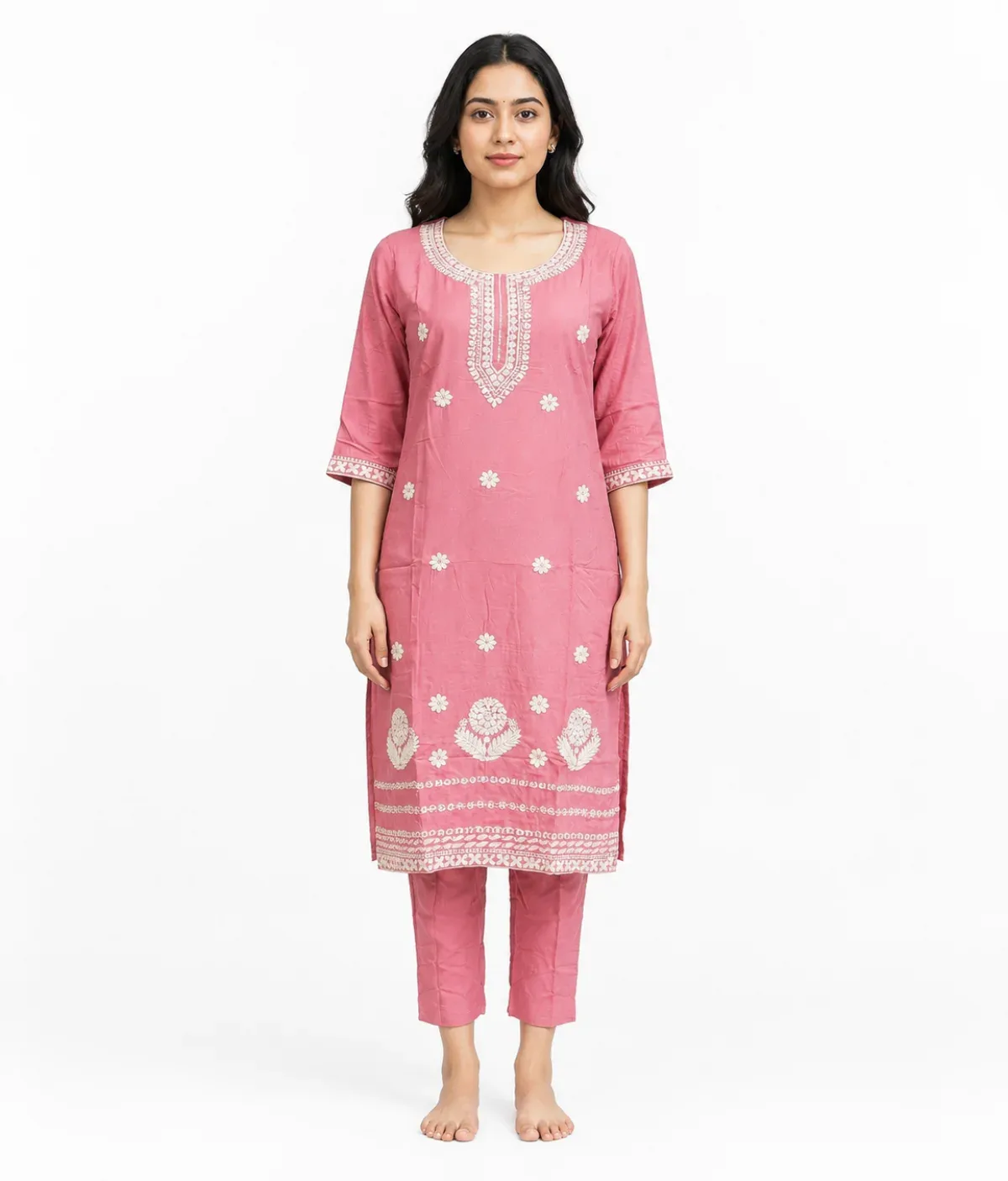 Floral Embroidered Straight Kurta Set for Women by Magenta Crown