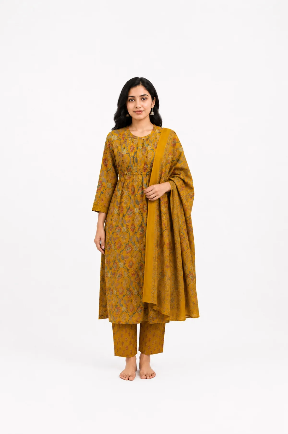Mustard Yellow Floral Printed Kurta Set with Dupatta by Magenta Crown